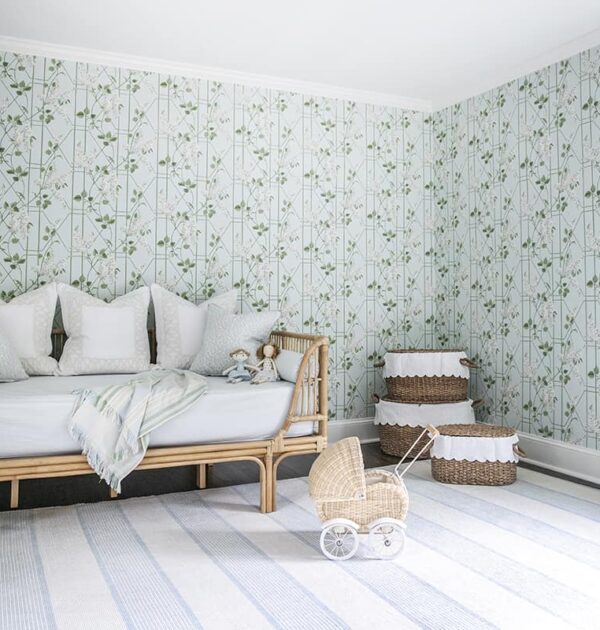 grandmillennial wallpaper and Annie Selke rug