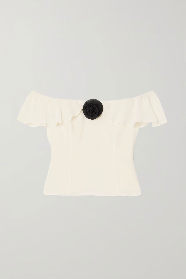 REFORMATION Priscilla off-the-shoulder appliquéd georgette top
