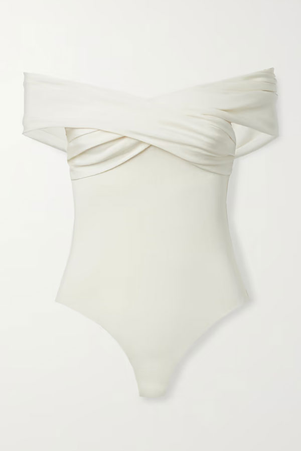 KHAITE Rafael off-the-shoulder gathered stretch-jersey bodysuit